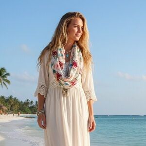 Pieces Omke Tube Scarf Hibiscus Floral Tropical Flowers White Infinity Pashmina